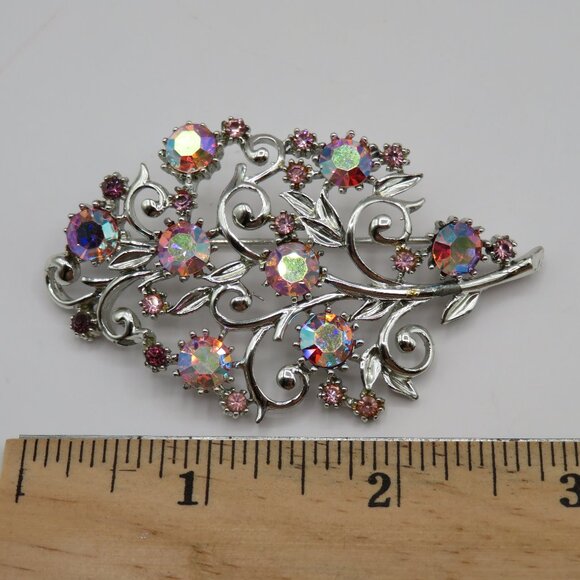 Coro Pegasus Vintage AB Rhinestones Silver Tone Floral Brooch - Picture 8 of 8